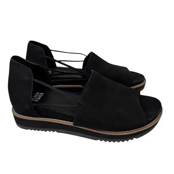 Eileen Fisher EUC Tumbled Black Nubuck Ken Elastic Side Platform Sandal Size 6.5 - Picture 1 of 7